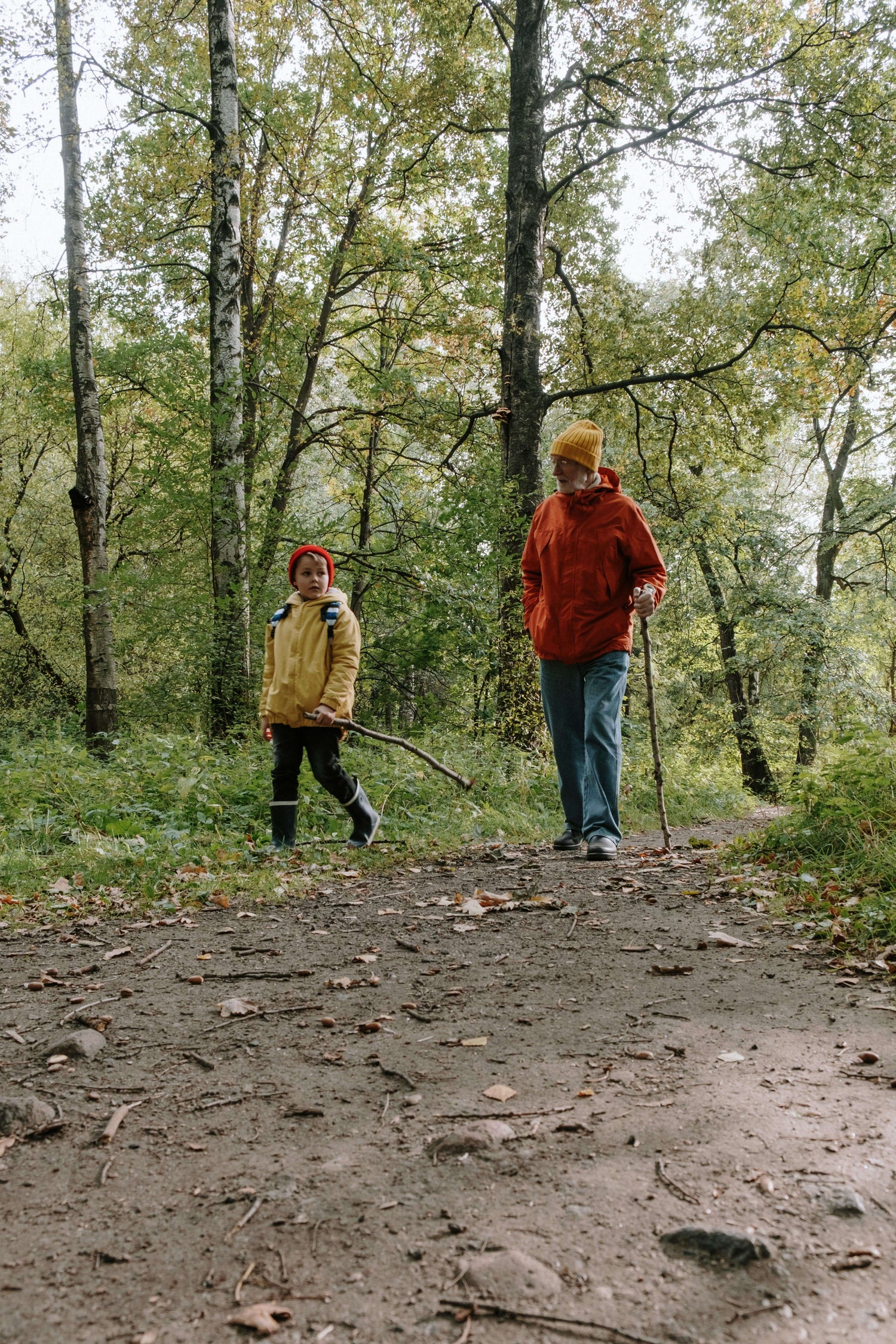 Grandfather and child walking in forest, enjoying clear communication with affordable OTC hearing aids